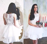 white short jewel neck lace appliques wedding dresses flowers beaded illusion button tiered wedding gown vestido de nova
