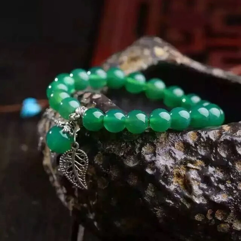 Green Crystal Bracelets Round 8mm Beads Lucky Tibetan Silver Leaf Transfer Ball Pendant for Women Girl Bracelet | Украшения и