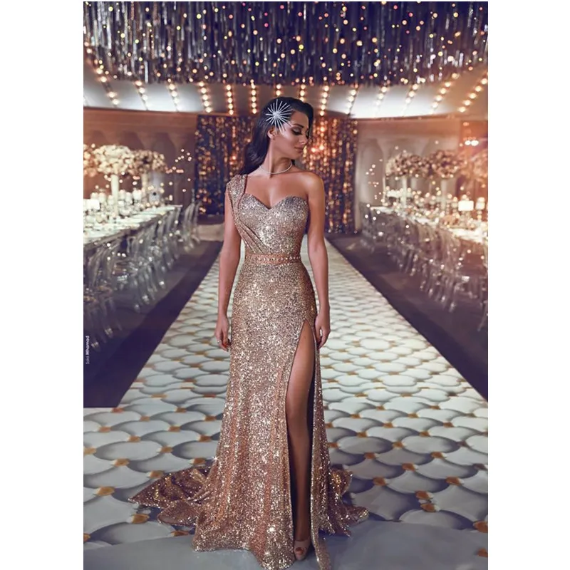 Золотой Vestidos De Gala, сексуальное платье в африканском стиле с разрезом сбоку, платье для выпускного вечера,, Длинное Элегантное платье на одно плечо, расшитое блестками, платье для выпускного вечера, Robe De Soiree - Цвет: Золотой