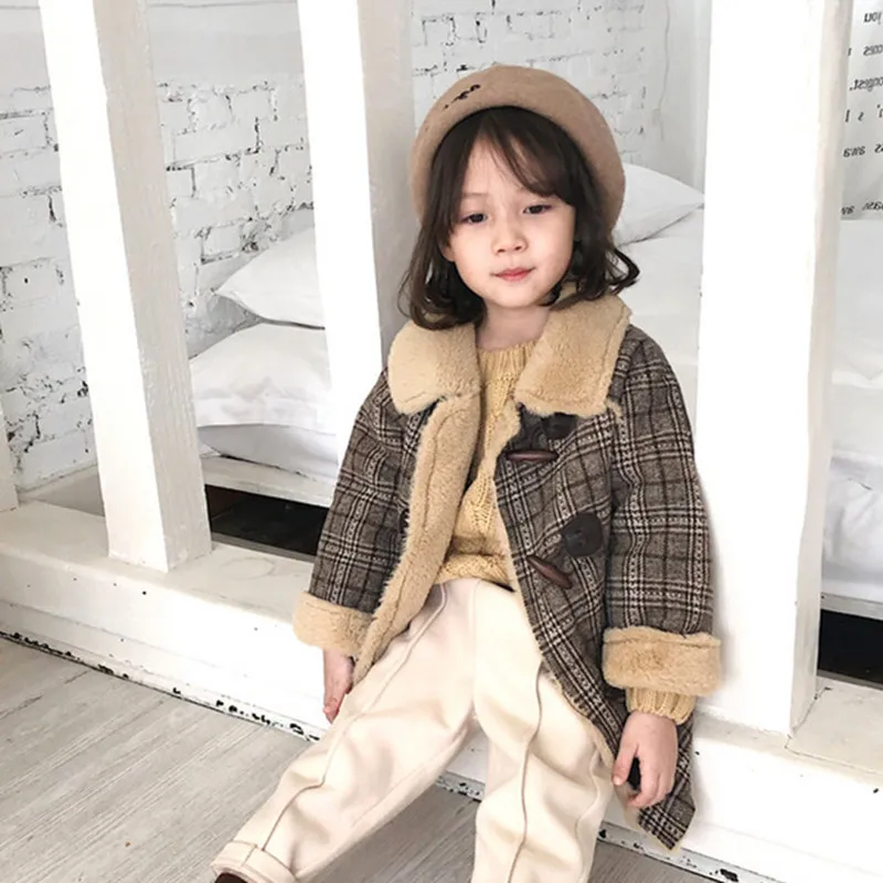 Girl Overcoat Winter New Fashion Houndstooth Wool Coat for Girls Teens Autumn Jacket Warm Long Outerwear Children Windproof | Детская