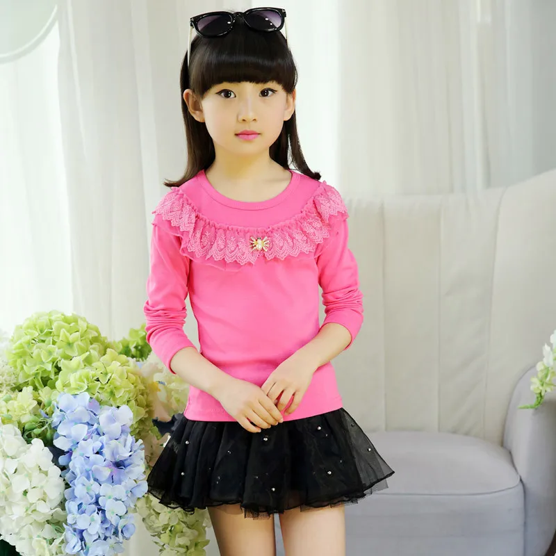Детская Весенняя хлопковая футболка с длинными рукавами для девочек кружевная