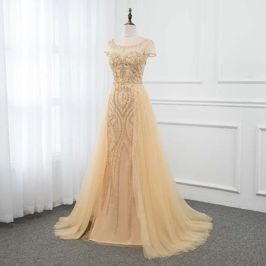 YQLNNE Золотое длинное выпускное платье с вырезом лодочкой и коротким рукавом