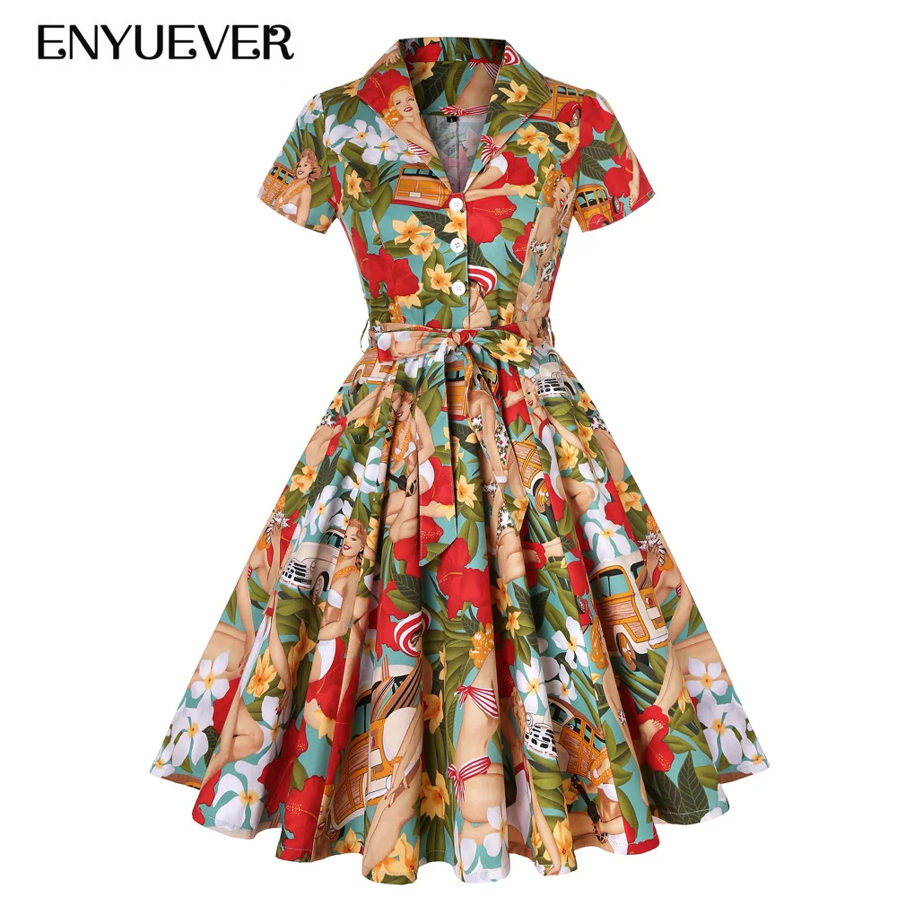 Enyuever Vestido винтажное платье большие размеры Повседневное с цветочным принтом для