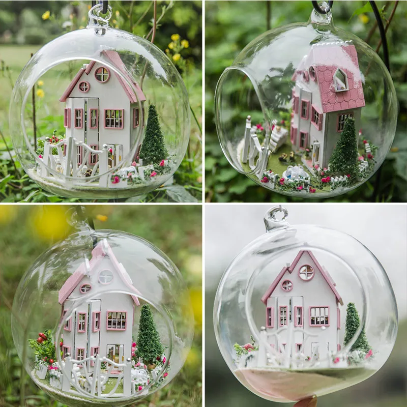 

DIY Wooden House Miniaturas with Furniture DIY Glass Ball House Cinderella Castle Dollhouse Toys for Children Christmas Gifts