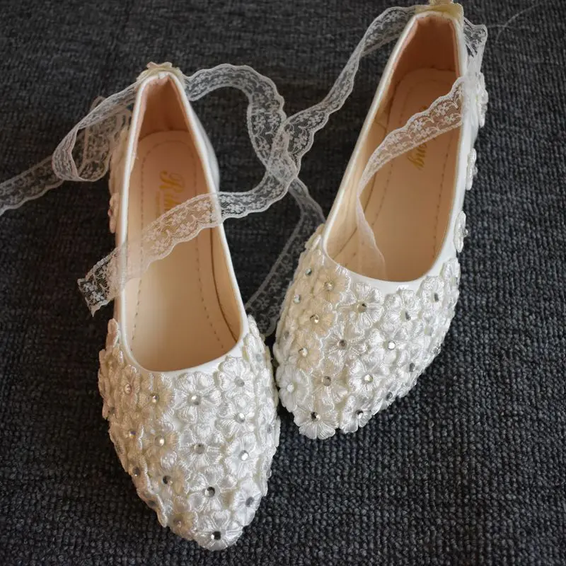 

Lace flowers flats wedding shoes bride ankle lace ribbon straps silver crystal ornament sweet special handmade bridal shoe NQ141