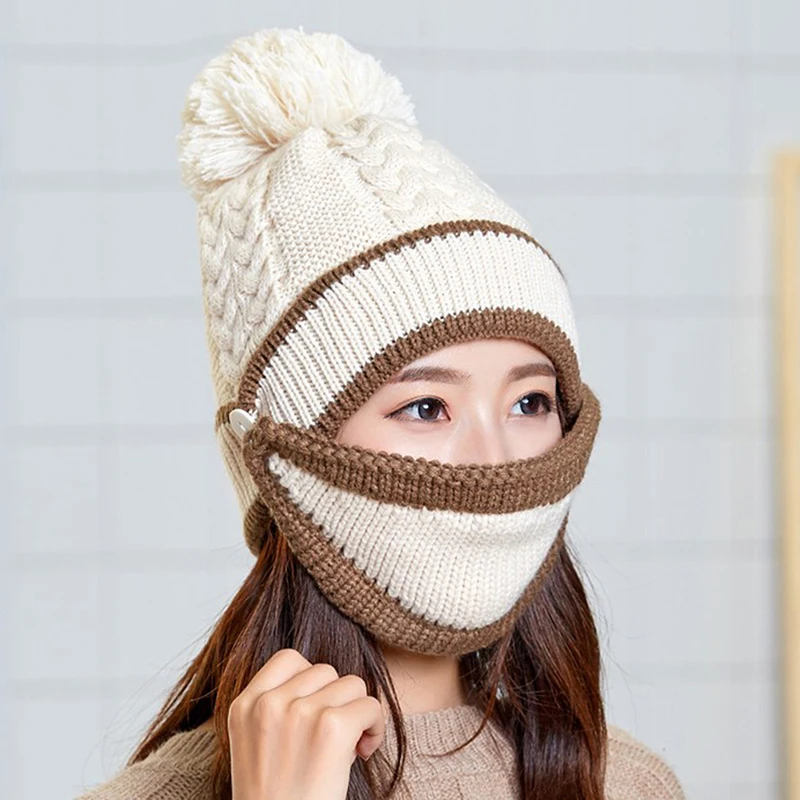 Beige1 Женские зимние шапки, вязаные утолщенные шапки с теплой маской и шейным шарфом, комплекты для водителя, ветрозащитные комплекты, шарф, шапка и перчатки - Цвет: Beige1