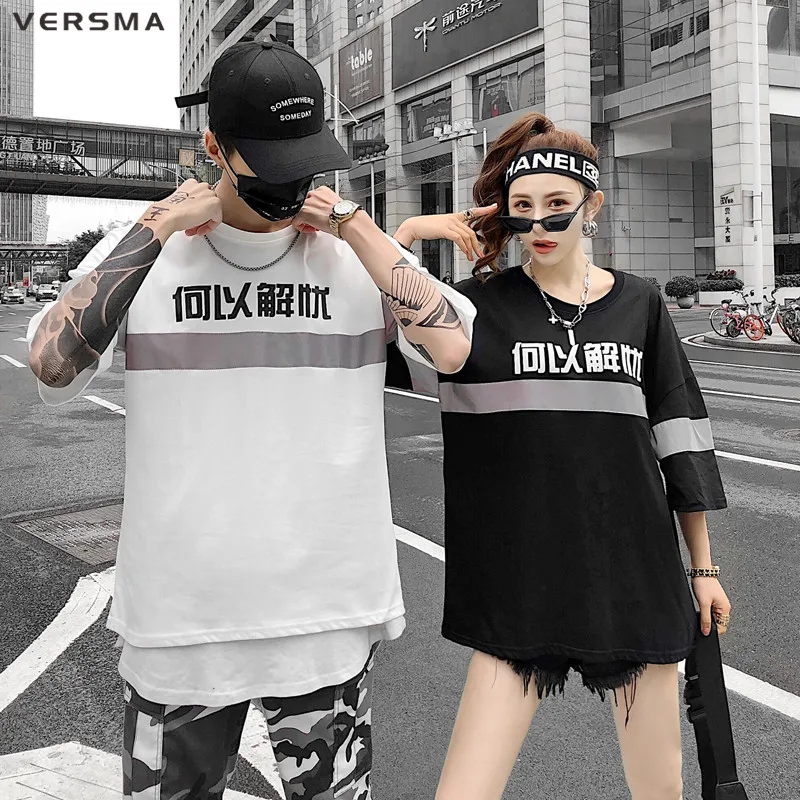 VERSMA корейская Harajuku Светоотражающая светящаяся китайская печатная Футболка мужская летняя Высокая улица K поп винтажная парная Футболка мужская