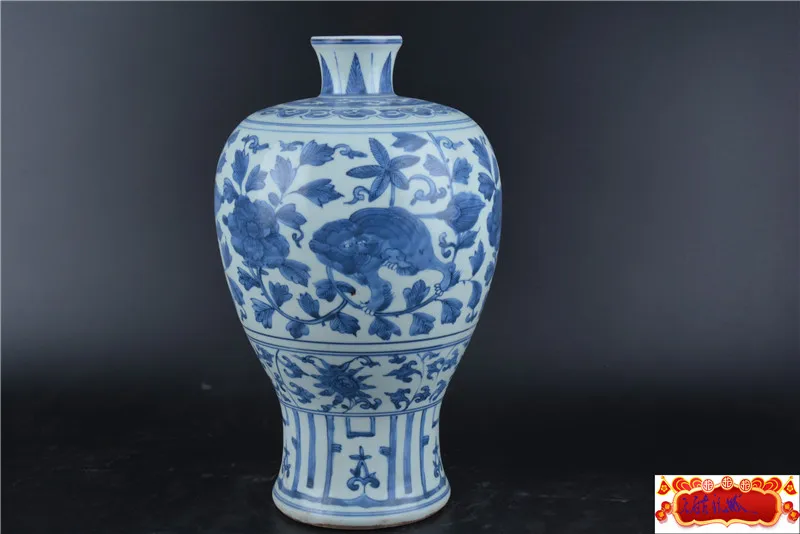 Фарфоровая ваза под старину династии MingDynasty белая и синяя Ваза MEI PING Лев цветы
