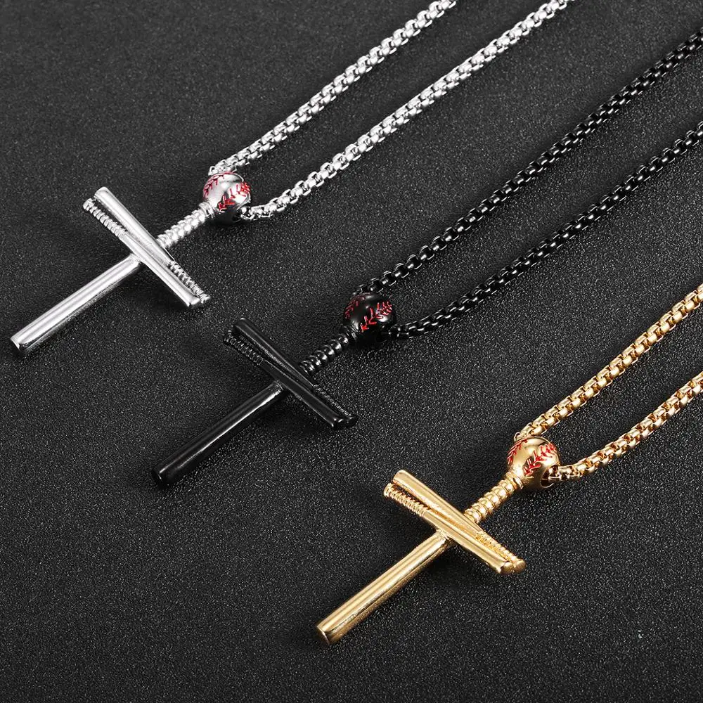 Men Boy Baseball Cross Pendant Necklace Stainless Steel Black Gold Silver Color Long Chain Statement Necklaces  Jewelry Gift