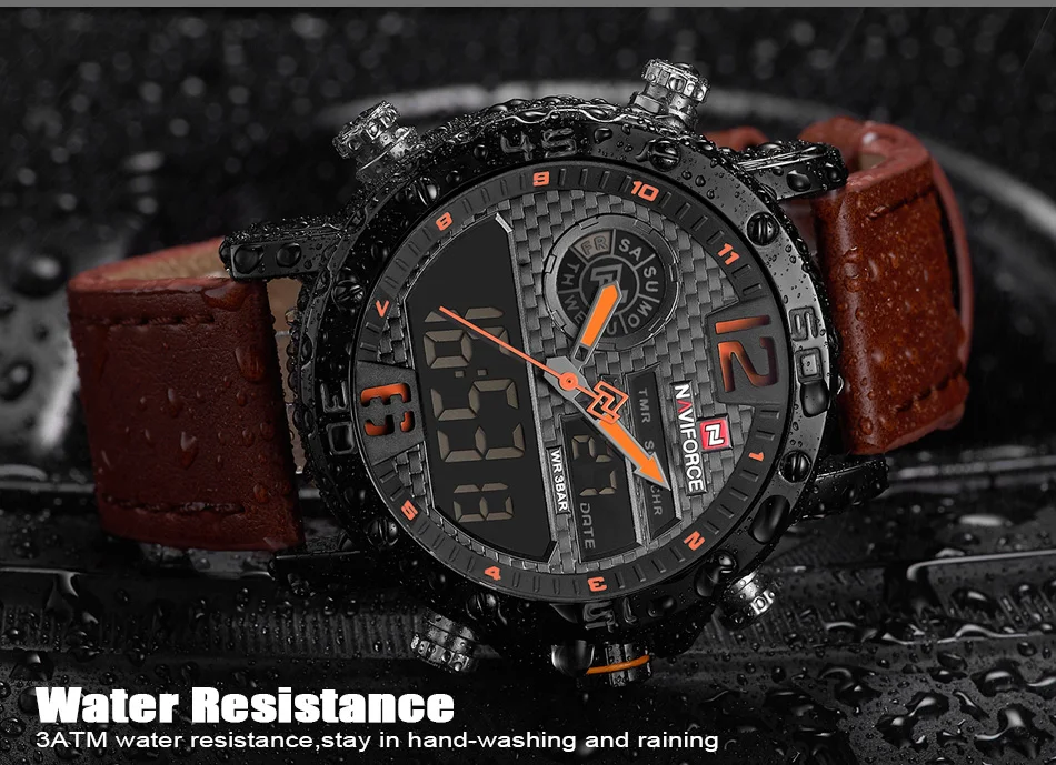 NAVIFORCE/Роскошные Брендовые мужские часы s, мужские кожаные спортивные часы, мужские Кварцевые светодиодный цифровые часы, водонепроницаемые военные наручные часы