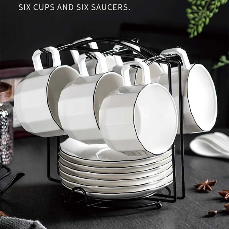 6 cup with hold Бренд Yolife, европейский стиль, керамическая чайная чашка и блюдце, набор, китайская кофейная чашка, набор, послеобеденный фарфор, черная чайная чашка - Цвет: 6 cup with hold
