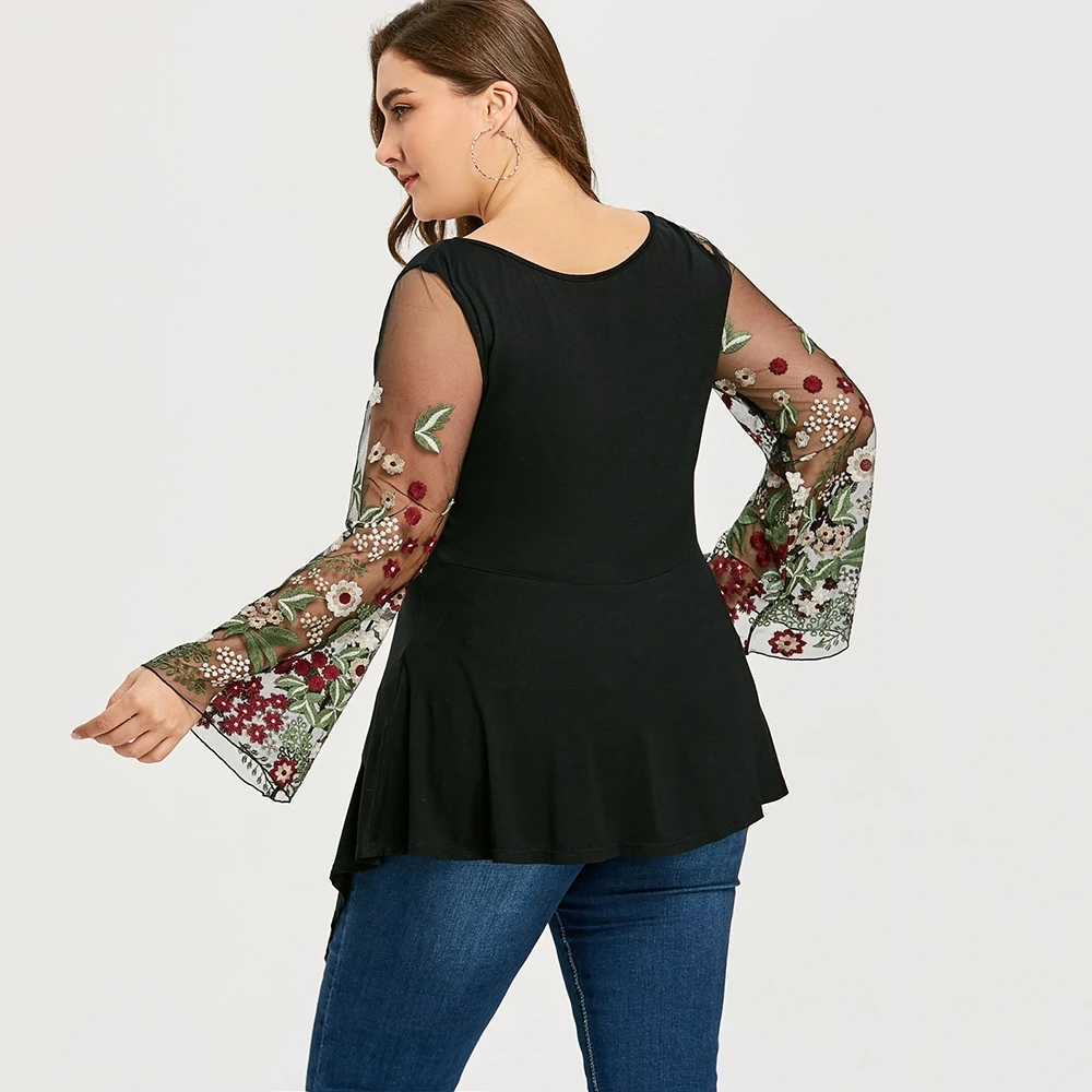 Для женщин 5XL плюс Размеры цветочный сетки Туника Футболка полный v-образным