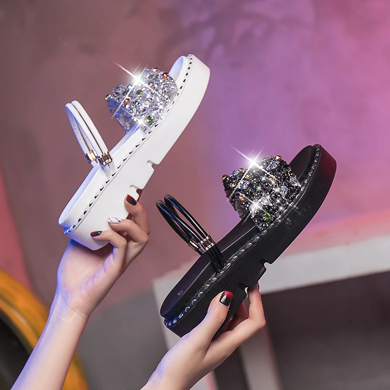 Aphixta/Мужская обувь женские блестящие шлепанцы на танкетке летний модный хрусталь