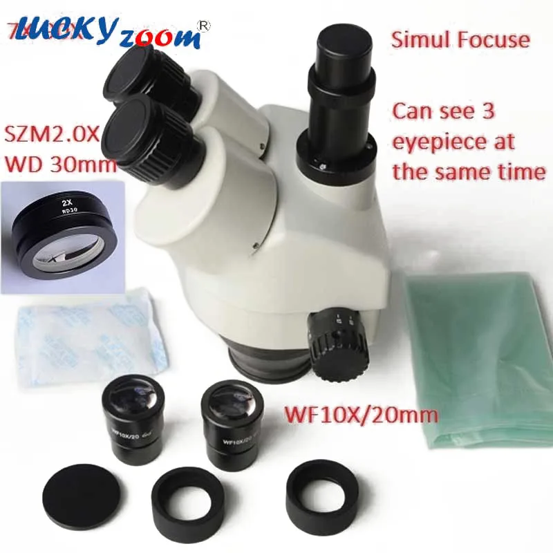Luckyzoom бренд 7X-90X Simul-Focal Тринокулярный зум стерео микроскоп головка WF10X/20 SZM2.0X WD30mm аксессуары для микроскопии