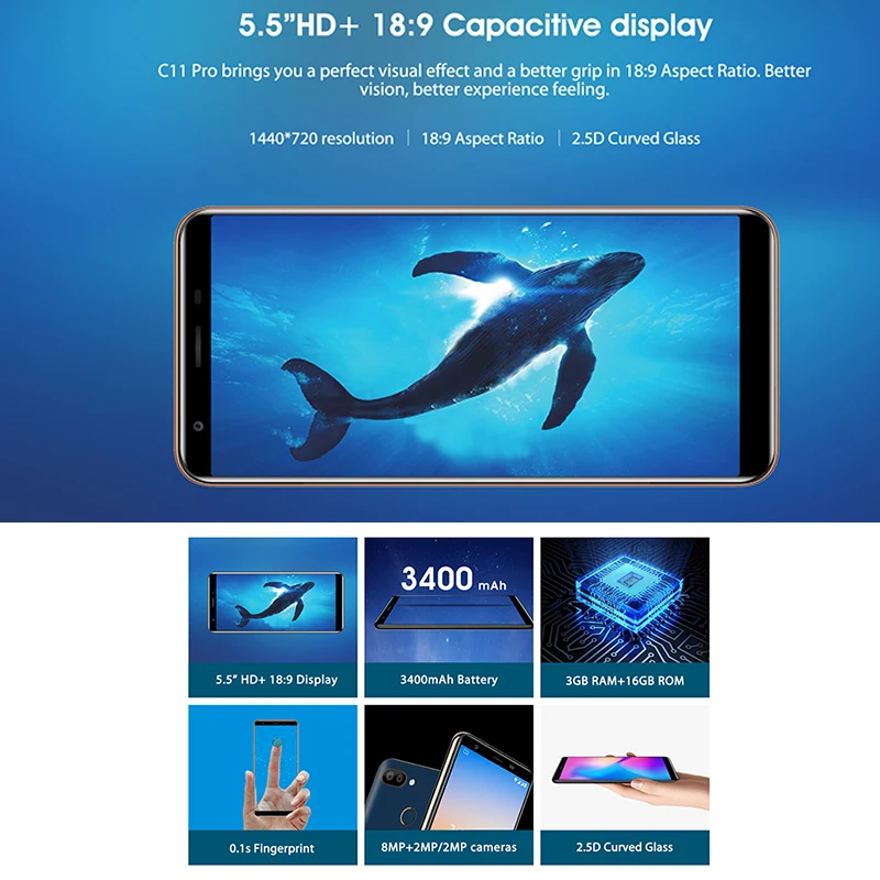Original OUKITEL C11 Pro 5.5 inch 18:9 Android 8.1 Mobile Phone Quad Core 3GB RAM 16GB ROM 4G Cell phones 3400mAh Smartphone | Мобильные