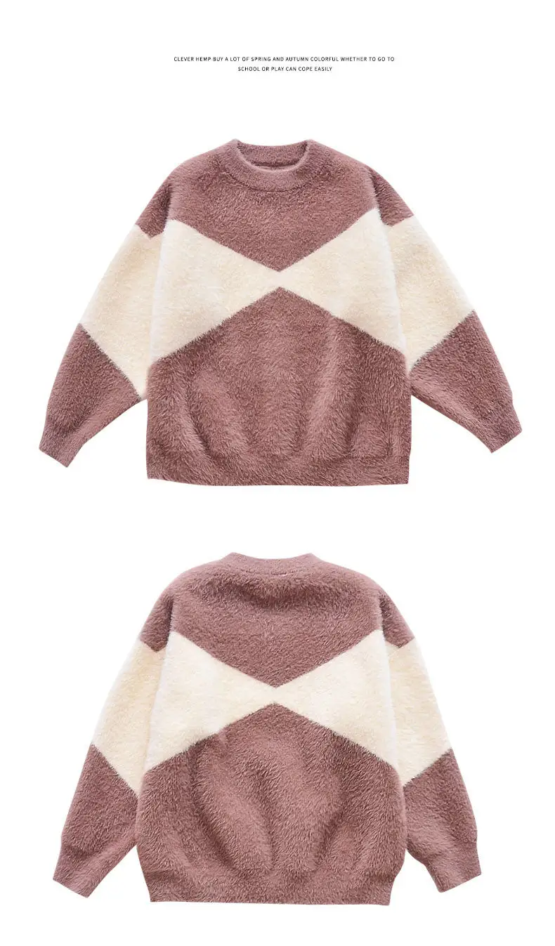 Teen Girl Sweater New Fashion Knit Thick O-neck Coat Contrasting Color Pullover Sweaters Cotton Knitwear Clothes 6 8 10 13Y