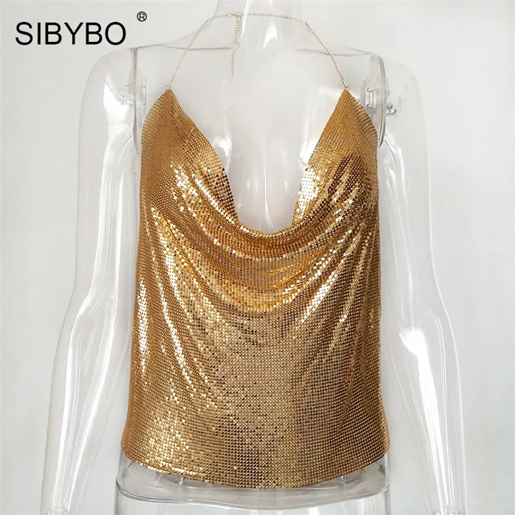 Золотой Sibybo, сексуальные женские топы с металлической отделкой,, с открытой спиной, топы с бюстгальтером без косточек, летние, пляжные, вечерние, Клубные, женские, с блестками, Обрезанные, майка, камзол - Цвет: Золотой