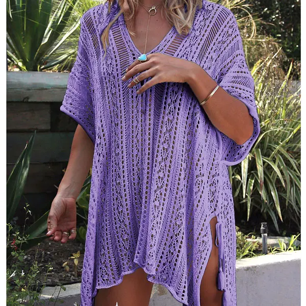 RXRXCOCO пляж прикрыть бикини Крючком Knitt одноцветное пляжная одежда купальник Cover Up Для женщин сексуальная прозрачная пляжное платье парео - Цвет: Purple