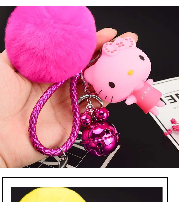 Милый мультфильм рисунок «Hello Kitty» меха кролика мяч помпон Pom подвески-Помпоны ремешок для женщин из металла брелки-цепочки автомобиля сумку очарование D151