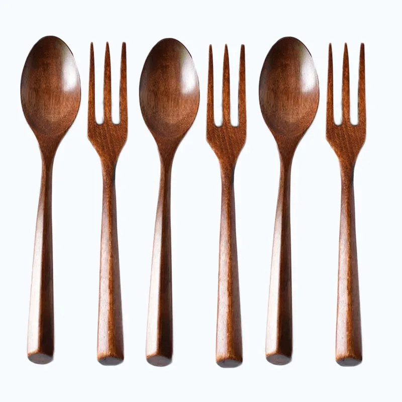 Brown spoon fork Деревянная вилка совок набор столовых приборов креативный ребенок японское Домашнее использование столовая посуда простой набор вилок для ужина и супа ложки столовые приборы 6 шт./компл - Цвет: Brown spoon fork