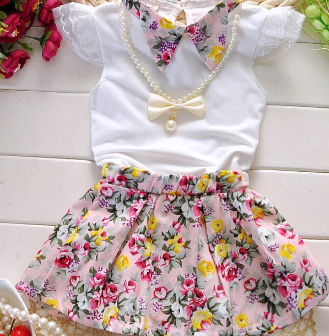 3 шт. жемчужное ожерелье + топ юбка|clothes set|girl toddlersummer clothes |