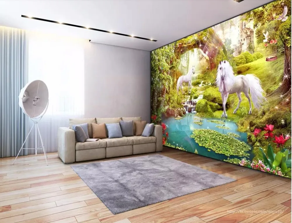 3d фотообои для гостиной дивана леса Белая лошадь на заказ 2019 | Обустройство дома