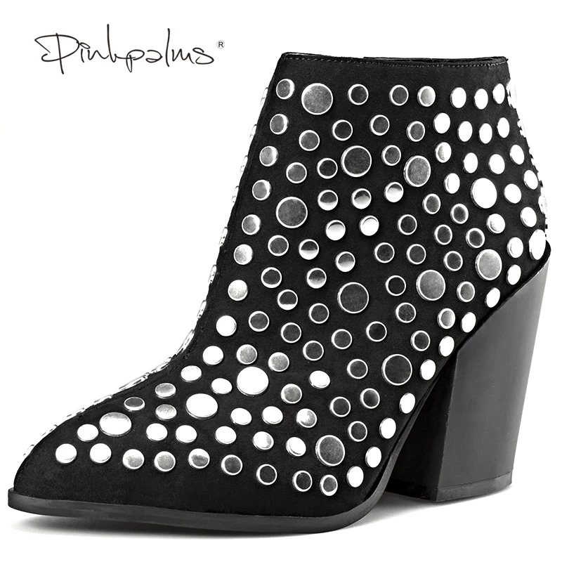 

Pink Palms newest women winter boots fashion high heels shoes women snow boots sexy rivets pointed toe women ankle boots