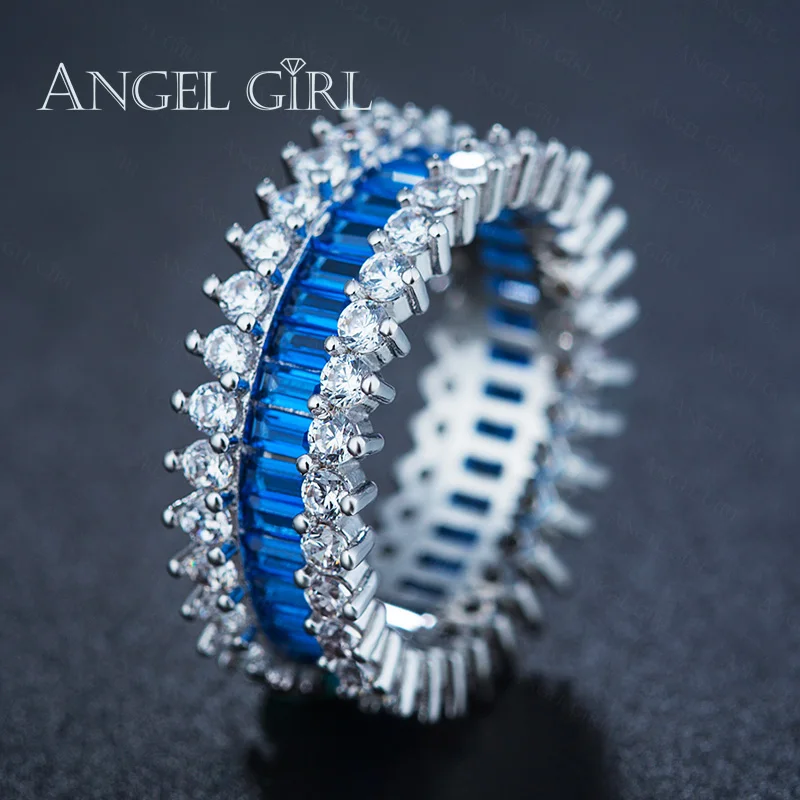 Роскошные кольца AngelGirl с вымощенным прямоугольным кристаллом и фианитами для свадьбы и помолвки, розовое Золотое кольцо, ювелирные изделия для женщин, кольцо с кристаллами, ювелирные изделия - Цвет основного камня: Blue