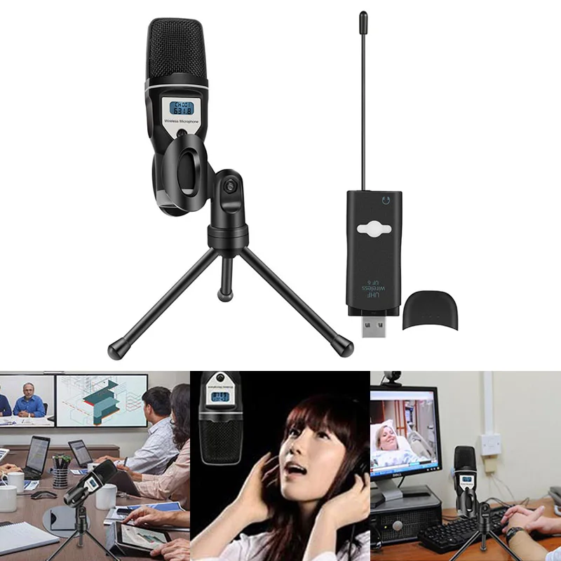 USB-звуковая карта UHF беспроводной микрофон со штативом для аудио компьютера