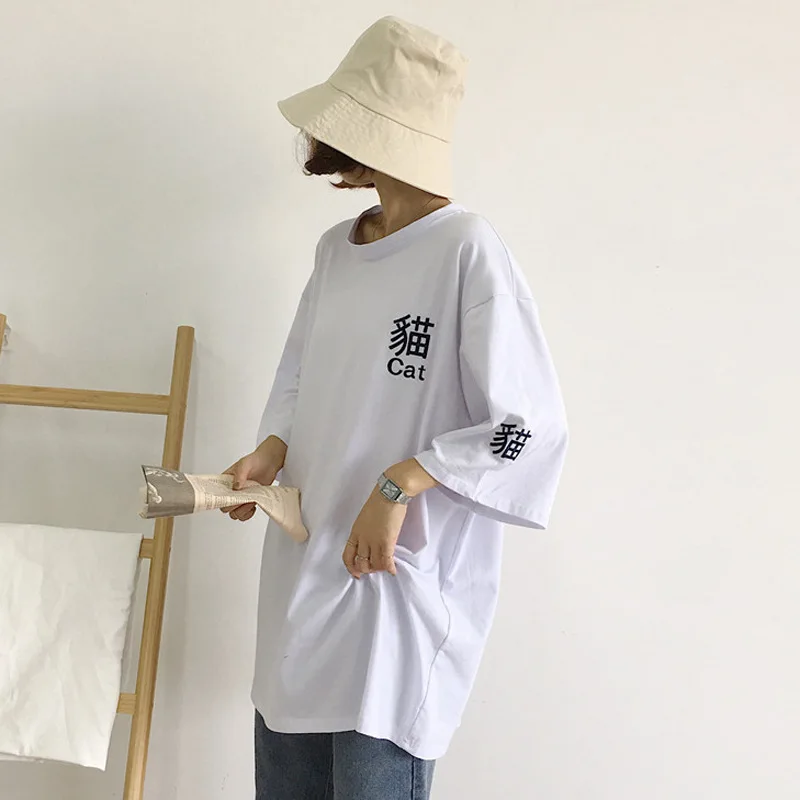 Summer Korean Ulzzang Female Kawaii Long T-shirt Japanese Harajuku Fashion Casual Cat Tees Tops Women Chic Vintage Red T Shirts | Женская