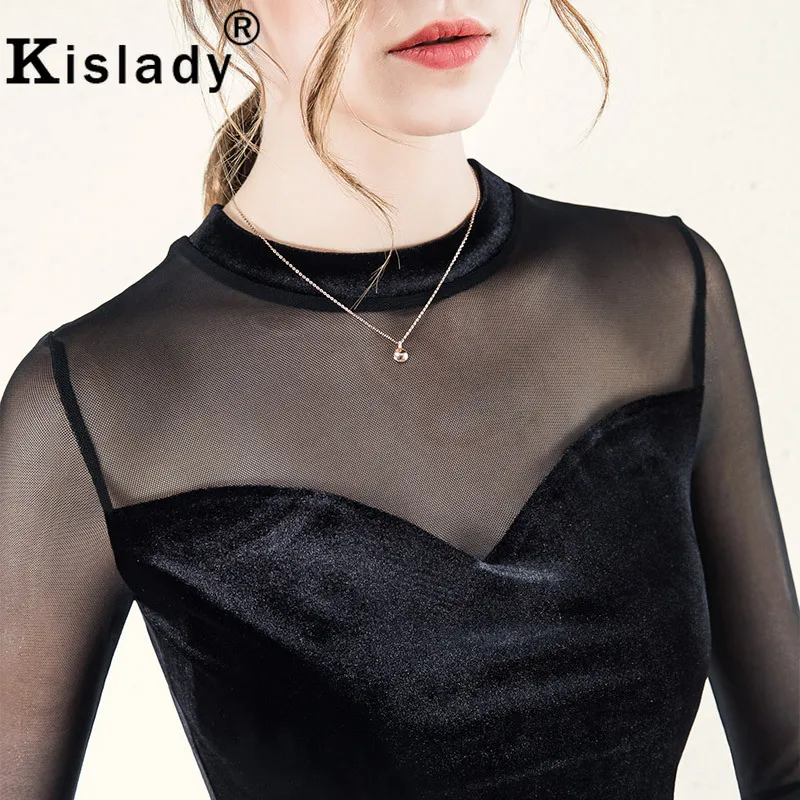 Kisaldy новые женские сетчатые Лоскутные рубашки с круглым вырезом облегающие