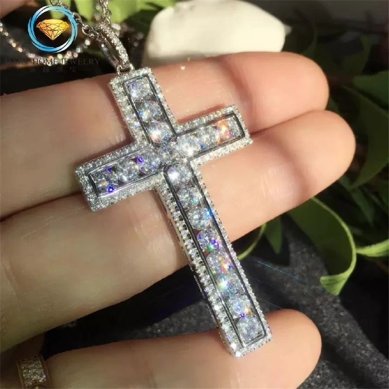 

Luxury Long Cross Pendant 4mm Sona Cz Stone 925 Sterling silver Cross Pendant Necklace for Women Men Party Wedding jewelry