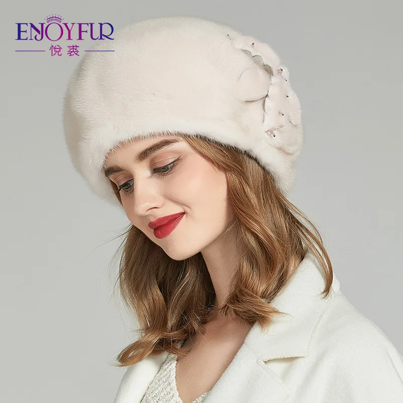 Женская меховая шапка ENJOYFUR, теплая шапочка-берет из цельного куска натурального меха норки с цветком на зиму - Цвет: M16