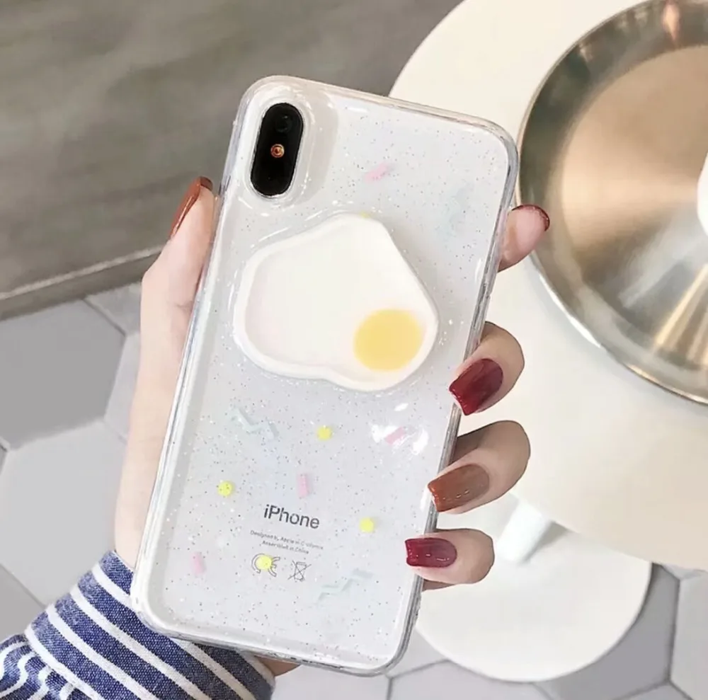 Funny Moving Fried Egg Transparent Glitter Cover for iPhone XS Max XR Soft Silicon Case Funda 6S 7 8 Plus Capa Hoesje |