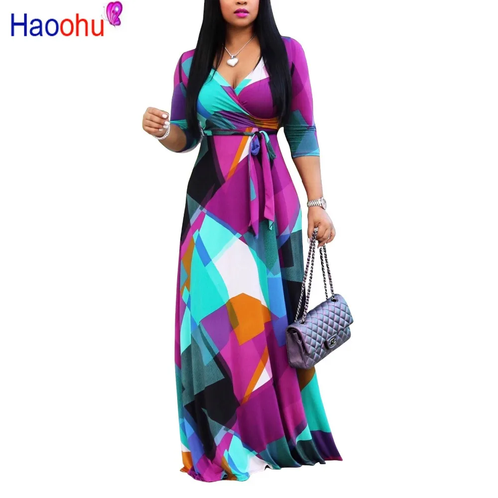 Осенне-зимнее длинное платье HAOOHU женское винтажное с V-образным вырезом коротким
