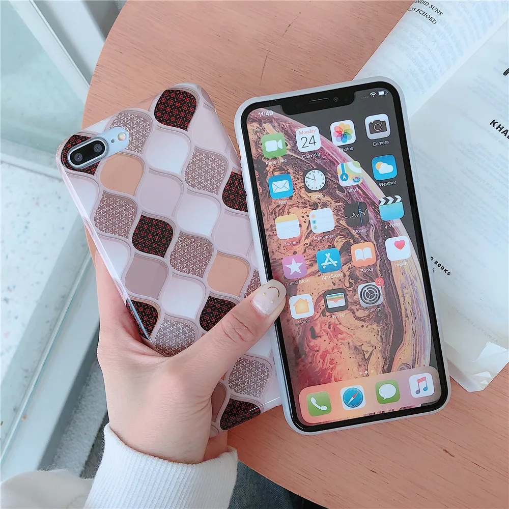 Grid Case for iPhone 6 6s Plus 7/8plus Female IMD Soft TPU Marble X XS XR MAX Back Cover Capa |
