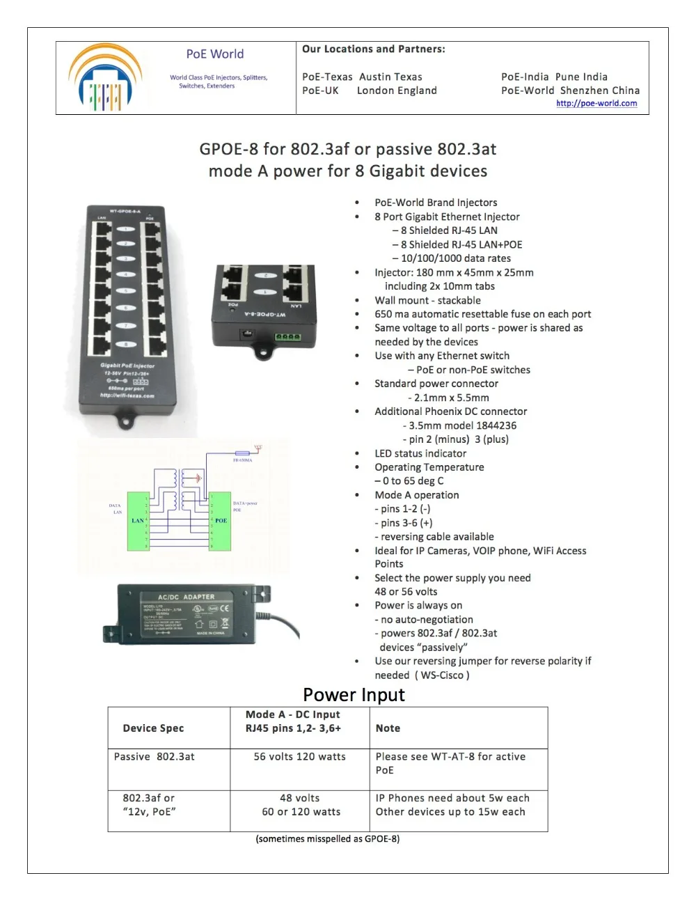 8 портов Gigabit Power over Ethernet PoE инжектор для 802.3af или пассивных устройств 802.3at питание