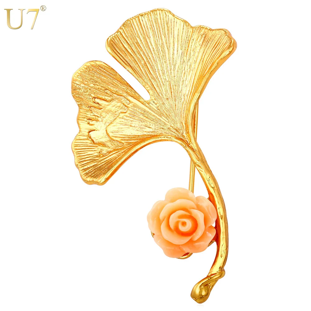 

U7 Vintage Leaf Women Brooches Wholesale Mens Gold Color Lucky Jewelry New Trendy Pink Flower Pin Ginkgo Brooches B102