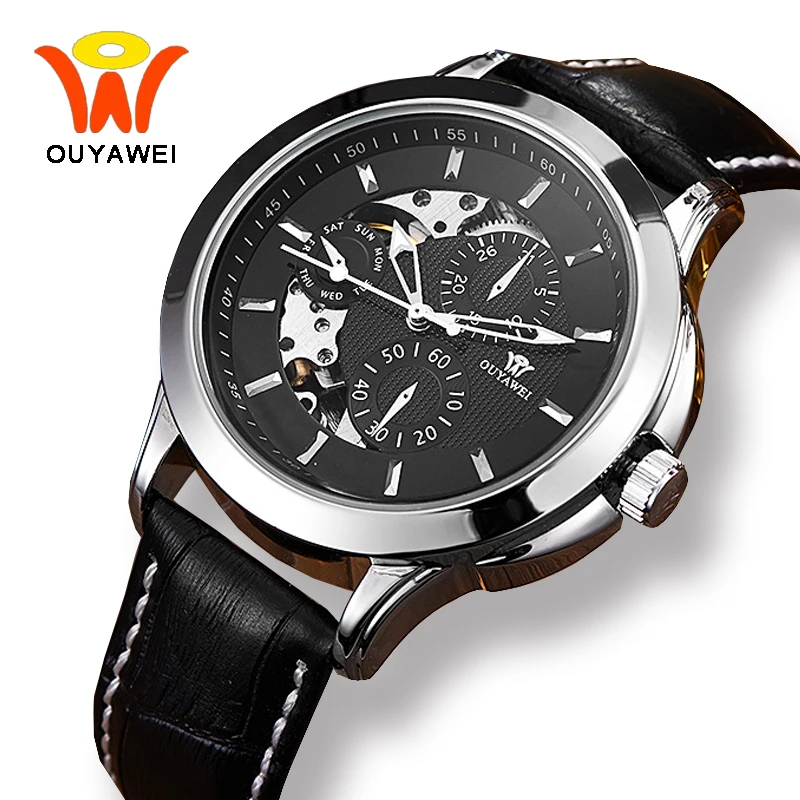 Ouyawei Montre Automatique Homme бизнес стиль черные кожаные автоматические часы с