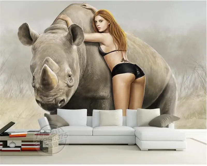 3d room wallpaper custom murals non-woven wall sticker Rhino beauty beast painting background photo for | Обустройство дома
