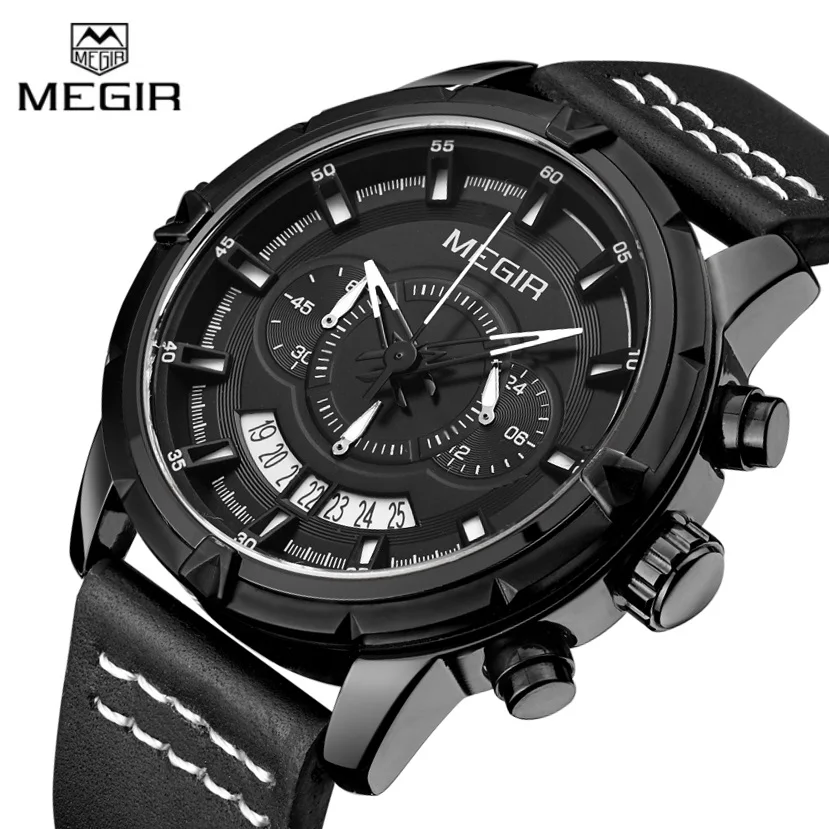 Известный бренд новинка кварцевые часы MEGIR из натуральной кожи