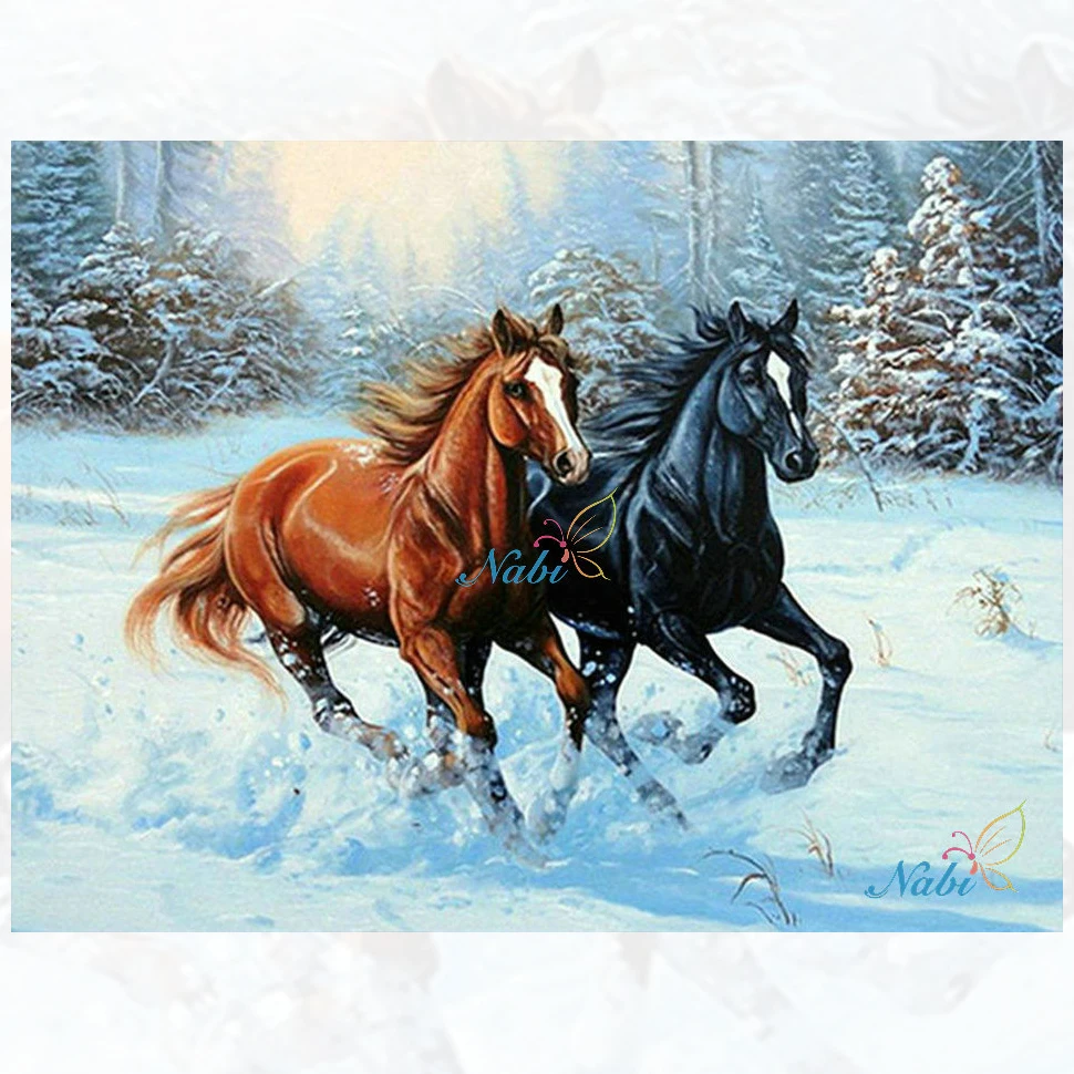 Снег два коня квадратный горный хрусталь Алмазная вышивка 3d Diy картина ручной с