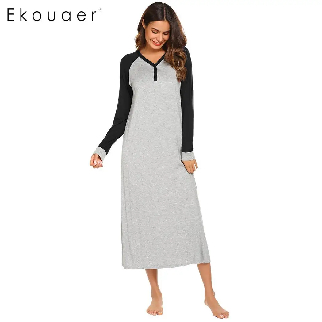 Ekouaer, Длинное ночное платье, сорочка, ночная рубашка, одежда для сна, Женская Повседневная Пижама с длинным рукавом, пэчворк, v-образный вырез, ночная рубашка размера плюс