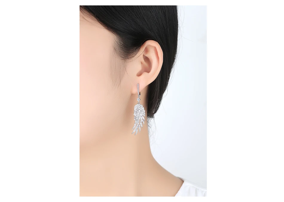 LUOTEEMI Fashion Long Drop Earrings with Stones Angel Wings Large Big Brincos Micro Paved CZ Ear Clip Wedding Jewelry