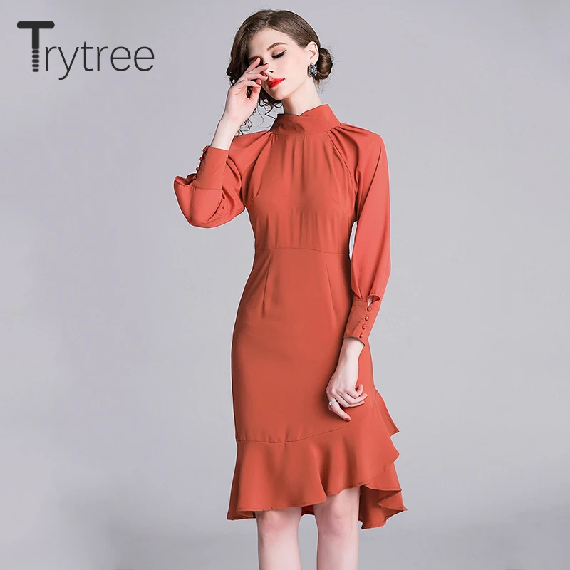 Trytree осеннее платье Элегантное полиэфирное одноцветное Оранжевое Женское