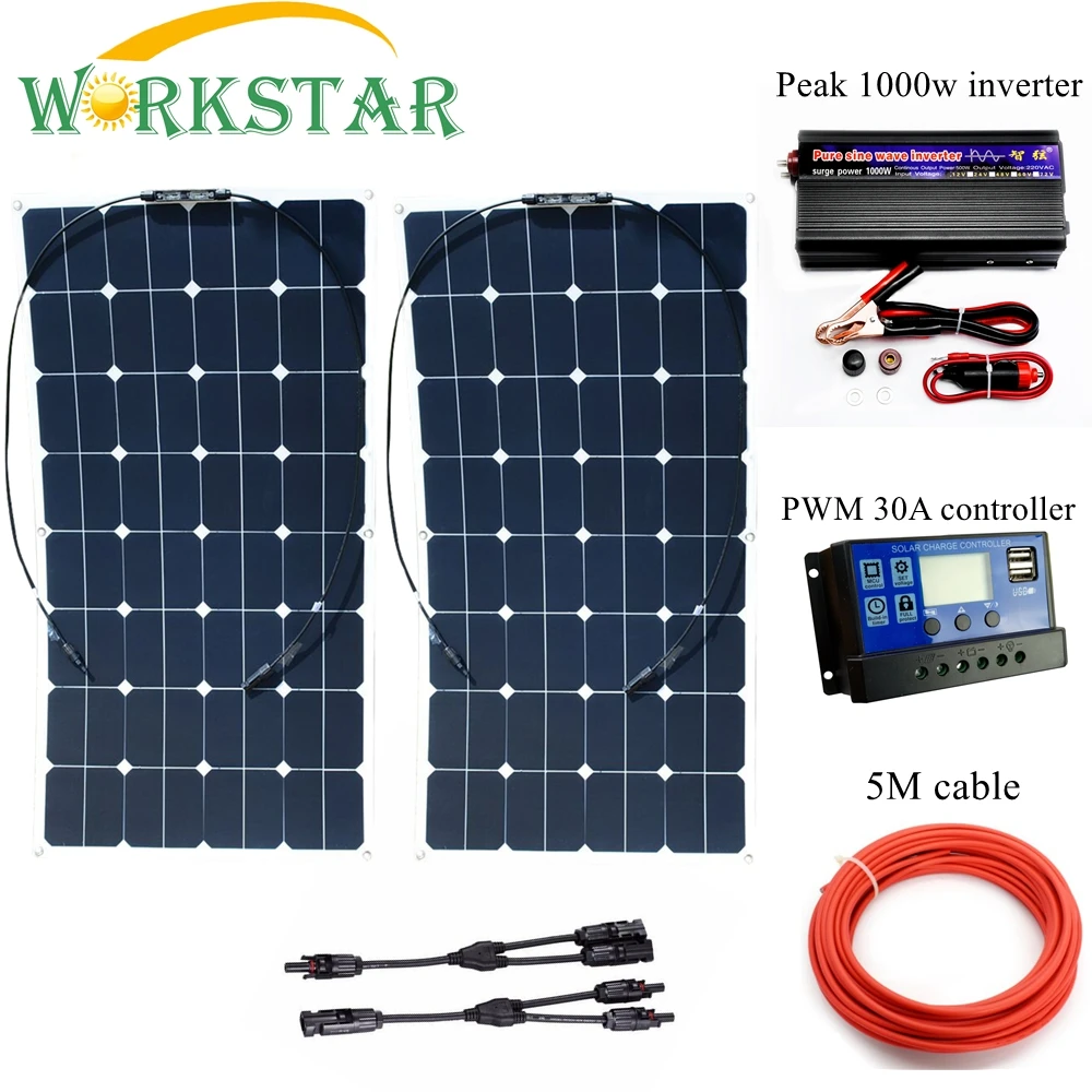 WORKSTAR 2*100 Вт Sunpower гибкие солнечные панели с 30A контроллером и 1000 инвертором 200
