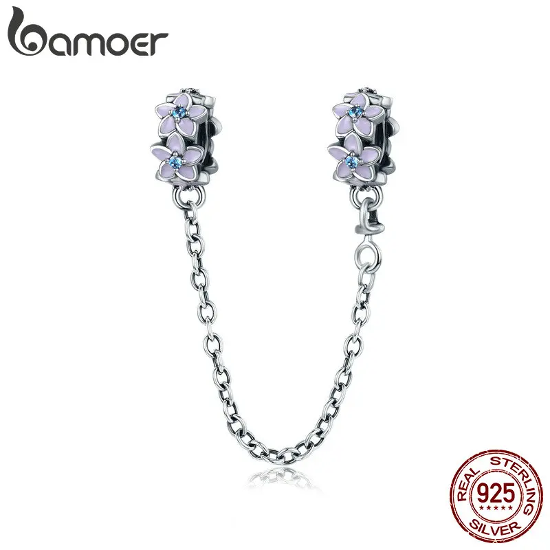 BAMOER 100% Серебряный и фиолетовый с ромашками эмалированное безопасный Цепной