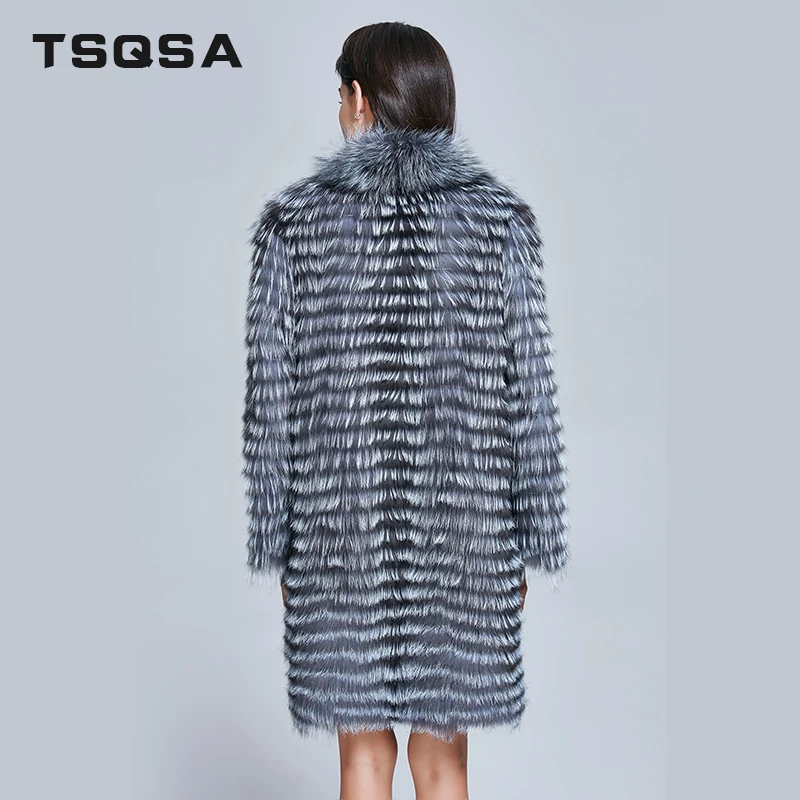 TSQSA Женщины Настоящее Silver Fox Шубы Натуральный Мех Зимняя Мода Полосатые Куртки