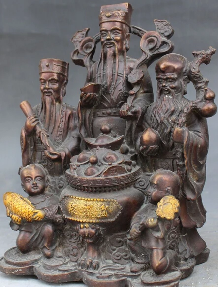 Китайская Бронзовая позолота 3 Бог долголгия Фу Лу Шу два мальчика Девочка