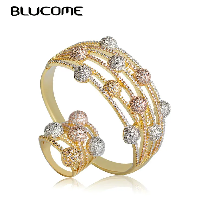 Blucome изысканный роскошный медный циркон Круглый браслет кольца три цвета с
